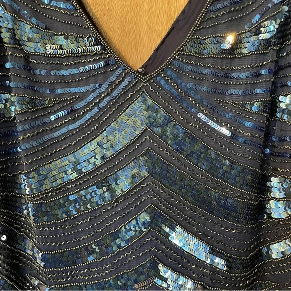 Vintage 90s Patra Sequin Blue Dress V-Neck Sheath Formal Cocktail Size 16 - Picture 3 of 9
